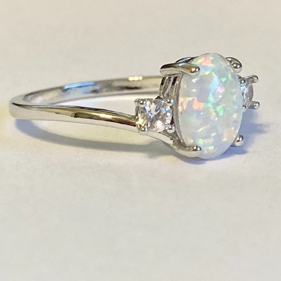 Opal Stone Ring Solitaire Silver Plated Simulated Oval Cut Size 9 10 11 - Picture 3 of 10